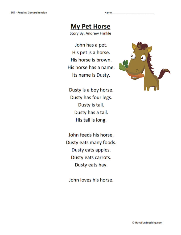 My Pet Horse Reading Comprehension Worksheet