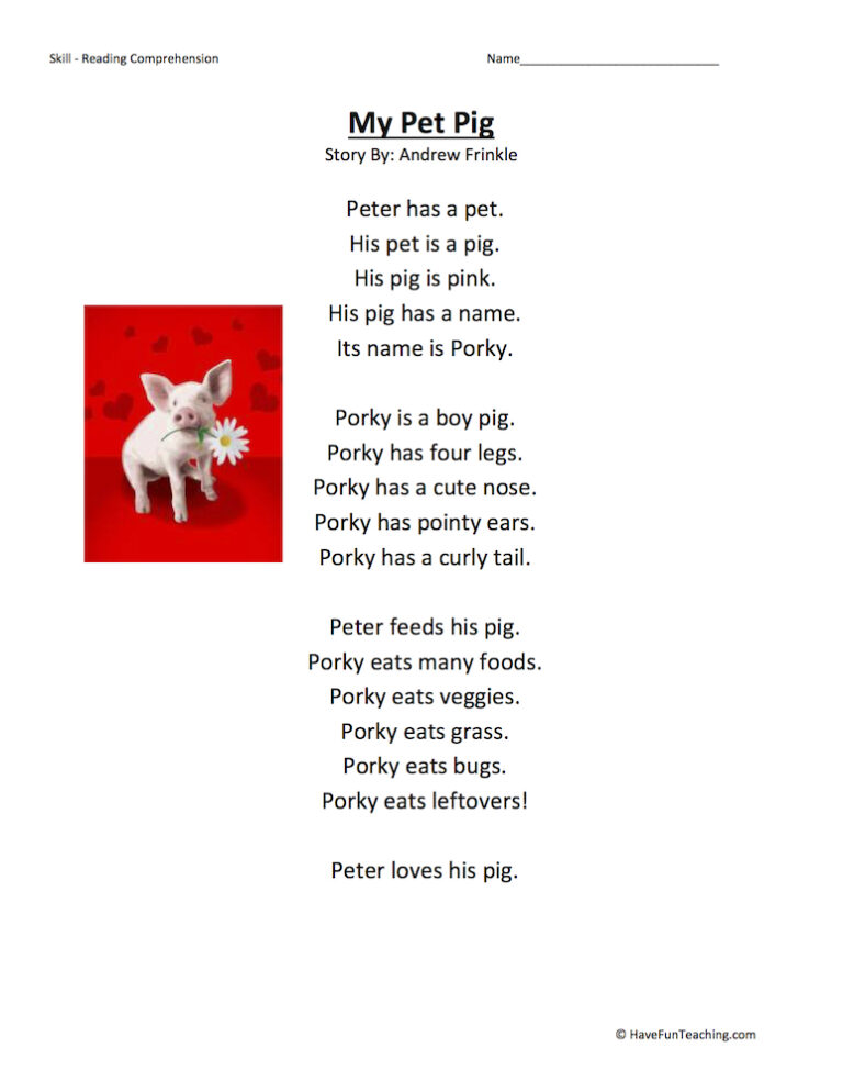 My Pet Pig Reading Comprehension Worksheet