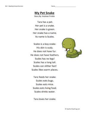 My Pet Snake Reading Comprehension Worksheet