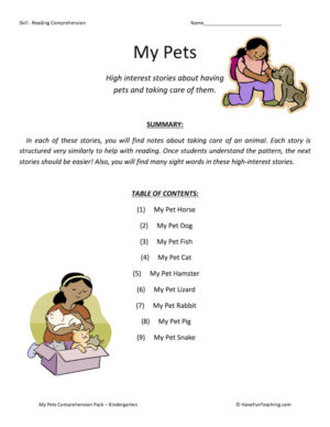 My Pets Reading Comprehension Test Collection