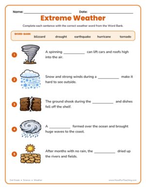 Natural disasters fill in the blanks worksheet for 2nd grade with an extreme weather word bank