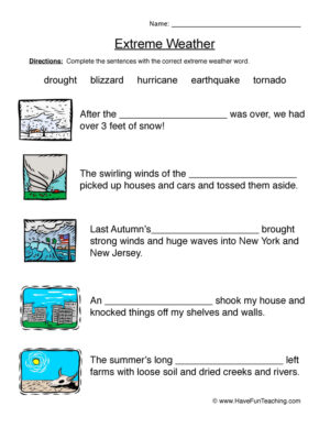 Natural Disasters Fill in the Blanks Worksheet