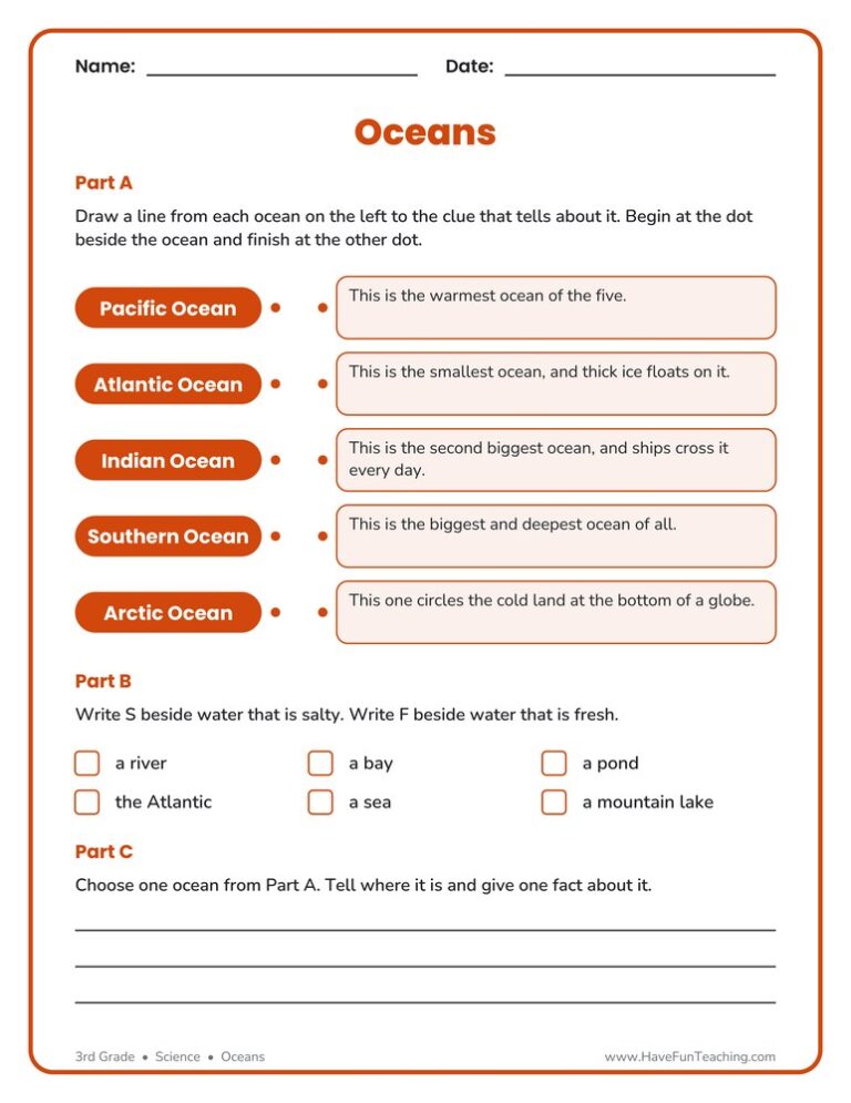 Matching Oceans Vocabulary Worksheet
