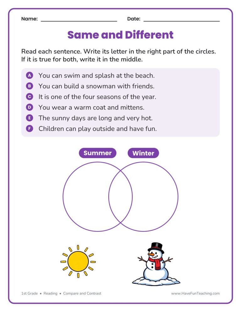 Comparing Seasons Venn Diagram Worksheet