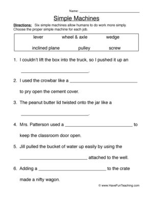 Simple Machines Fill in the Blanks Worksheet
