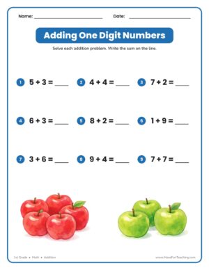 Single Digit Addition Worksheet for 1st grade math showing single-digit addition problems