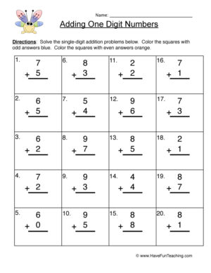 Adding One Digit Numbers Worksheet