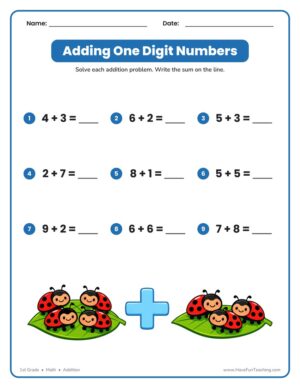 Adding Single Digit Numbers Worksheet with nine single-digit addition problems and a ladybug counting picture for first grade.
