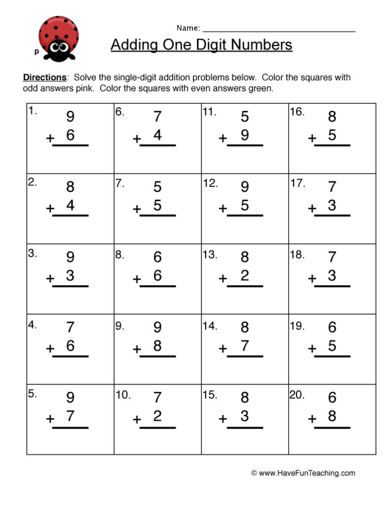 Single Digit Addition Problems Worksheet