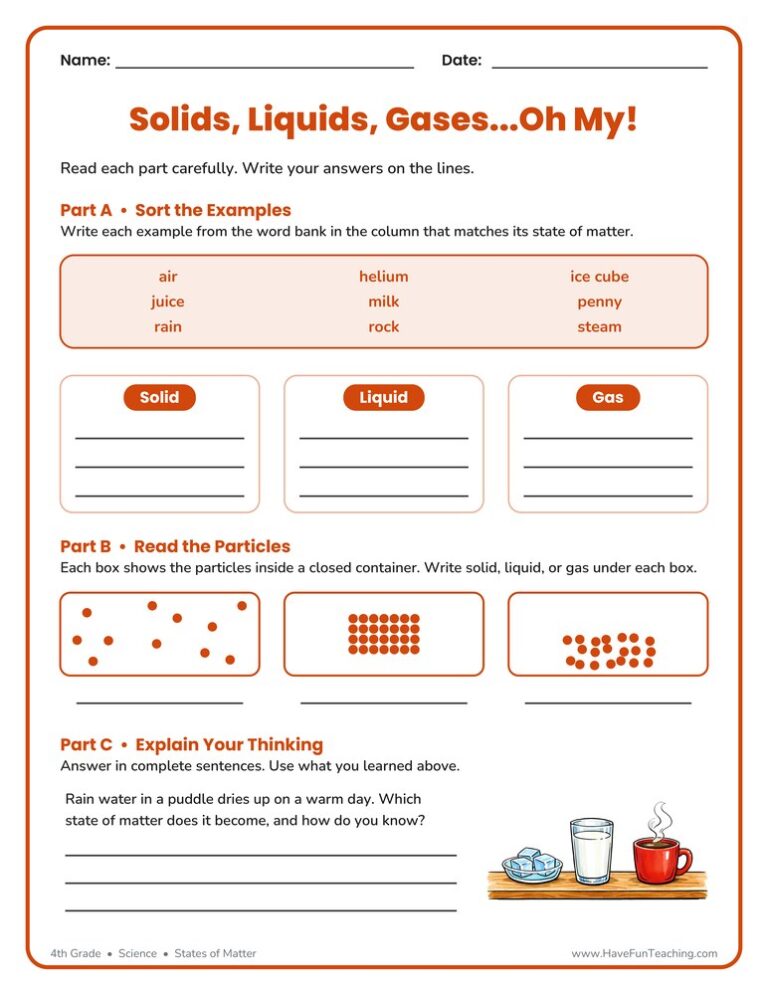 States of Matter Examples Worksheet