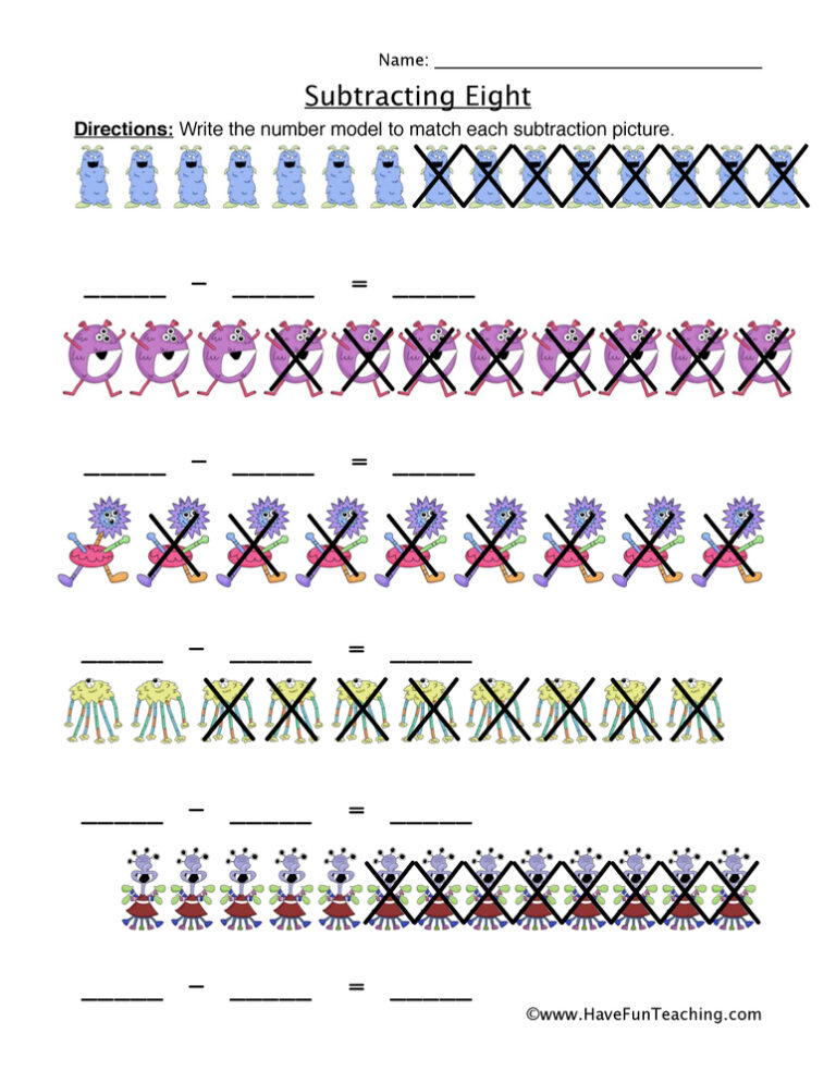 Subtracting Eight Writing Equations Worksheet