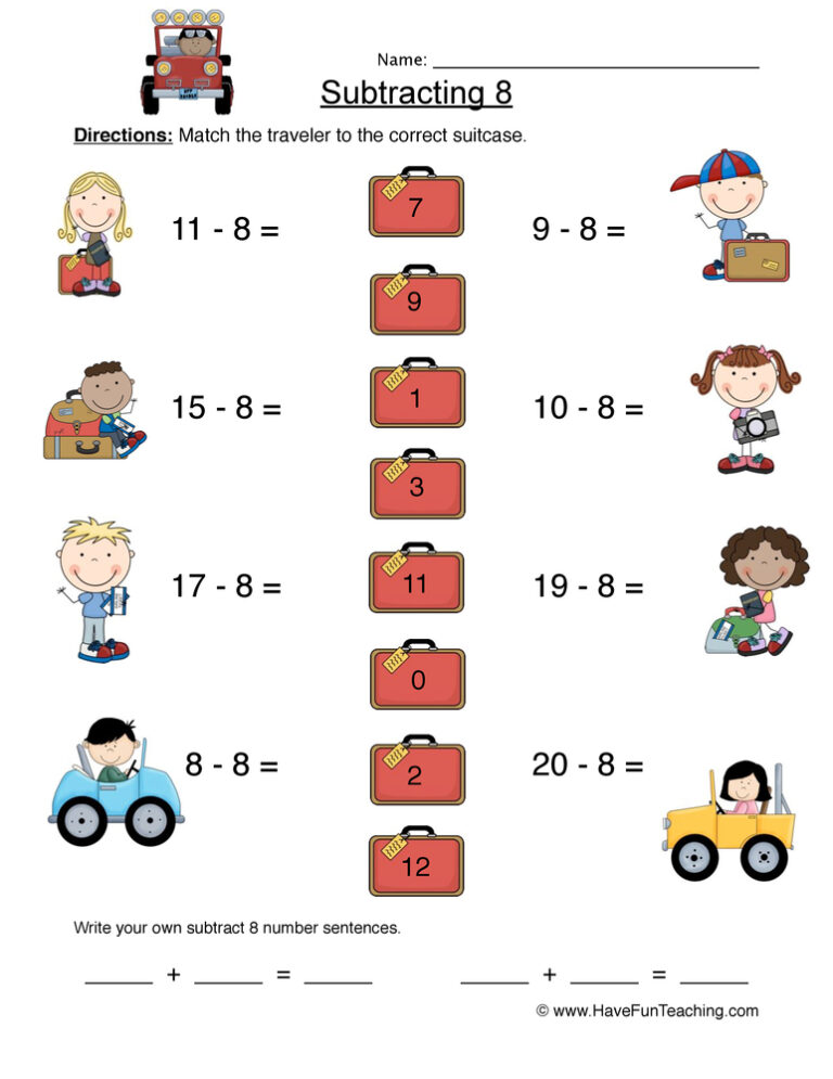 Subtract Eight Matching Worksheet