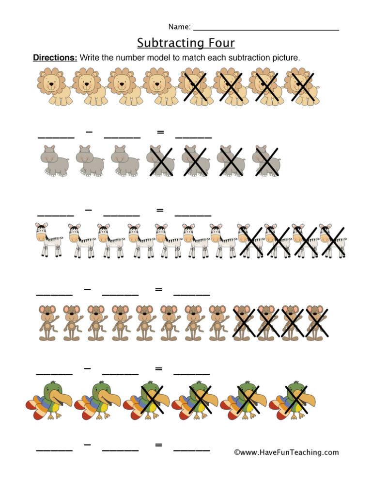 Subtracting Four Writing Equations Worksheet
