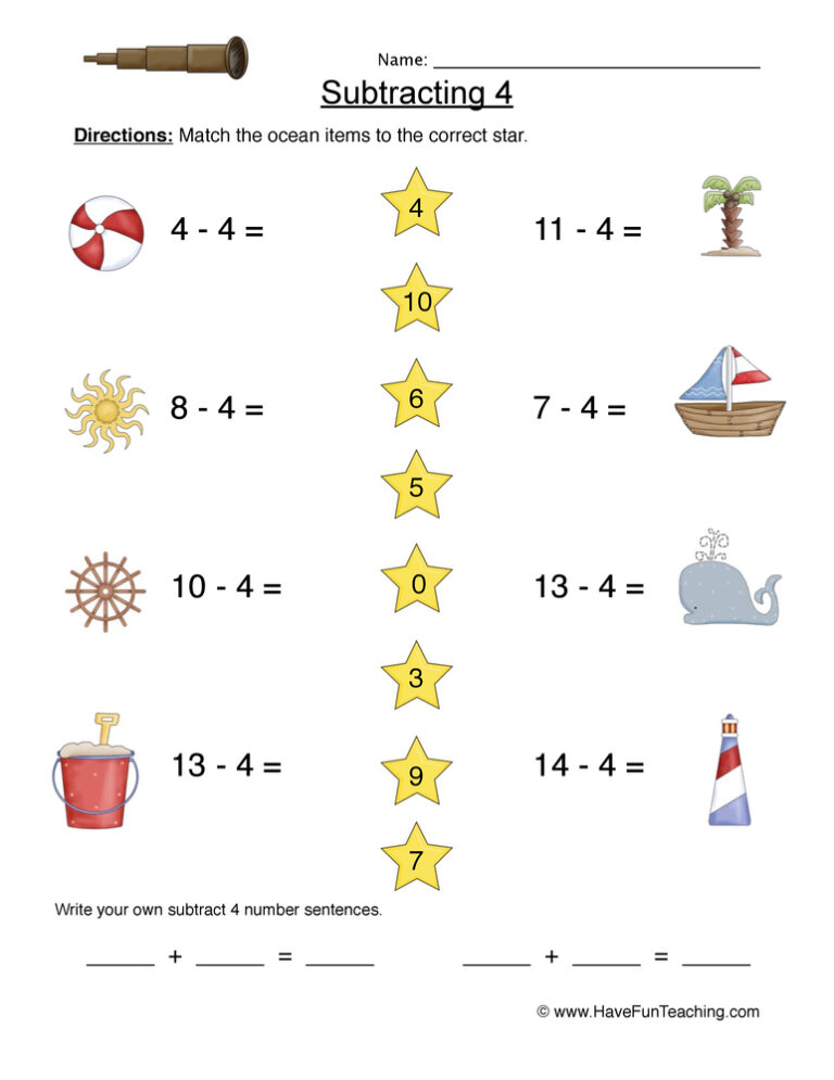 Subtract Four Matching Worksheet
