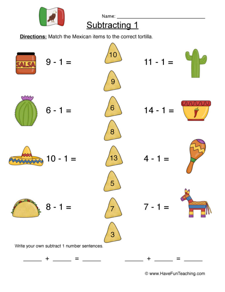Subtract One Matching Worksheet