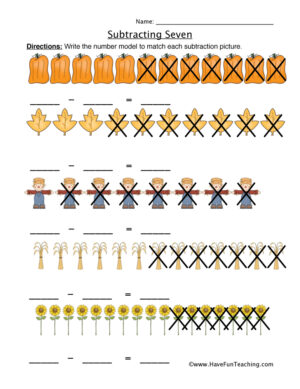 Subtracting Seven Writing Equations Worksheet