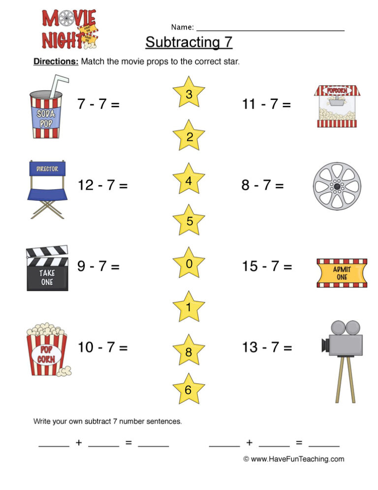 Subtract Seven Matching Worksheet