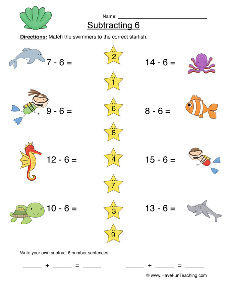 Subtract Six Matching Worksheet