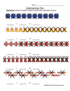 Subtracting Ten Writing Equations Worksheet