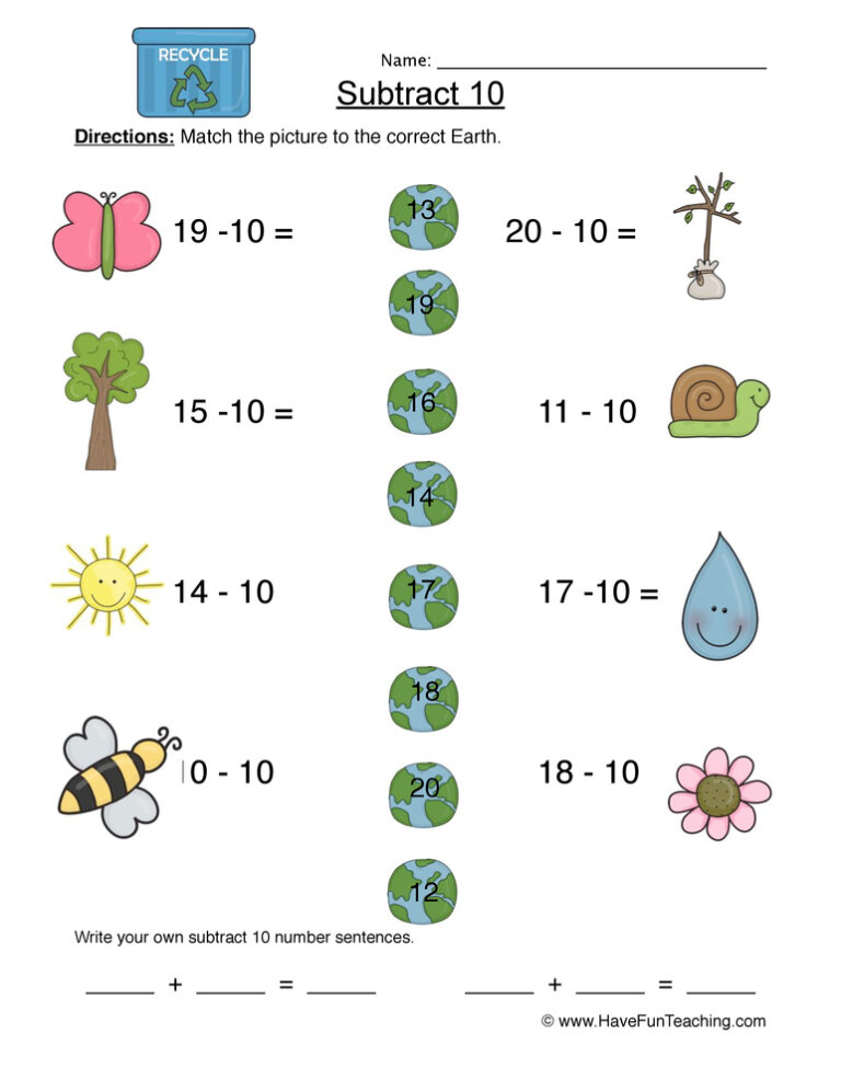 Subtract Ten Matching Worksheet