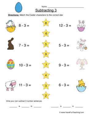Subtract Three Matching Worksheet