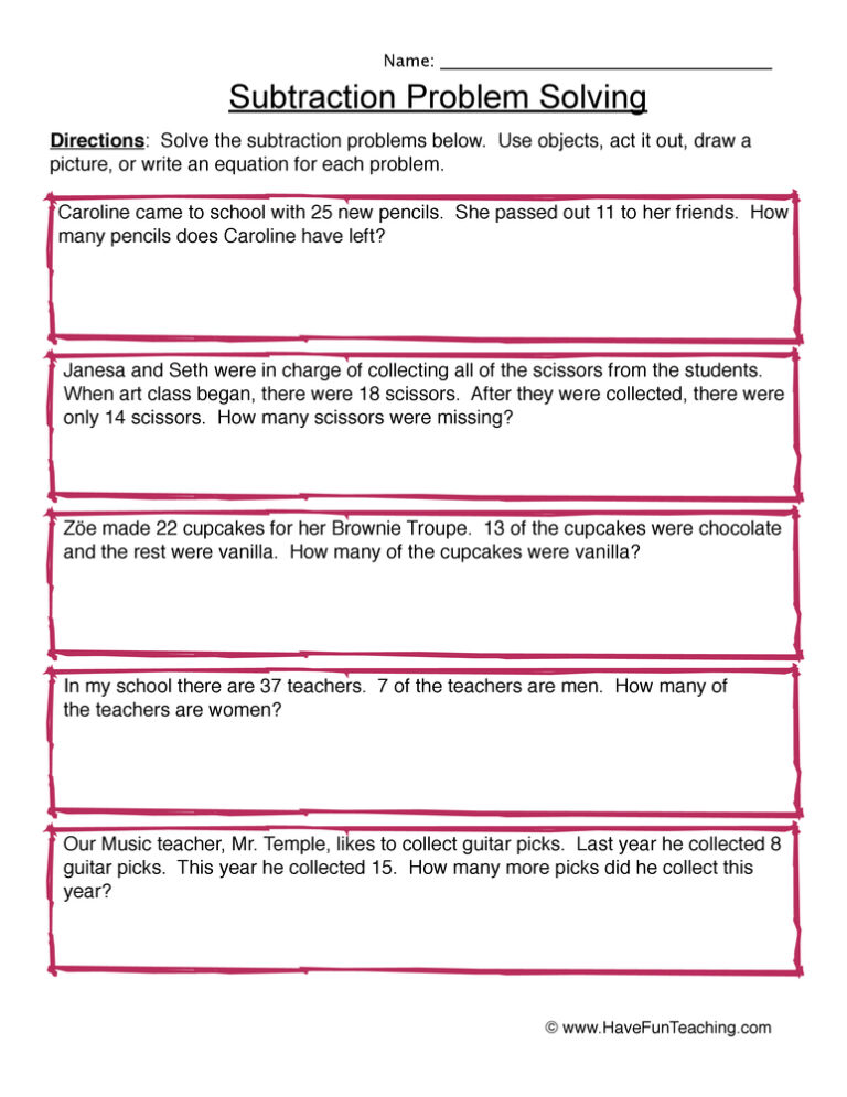 Subtraction Problem Solving Worksheet