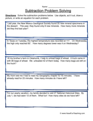 Subtraction Word Problem Solving Worksheet