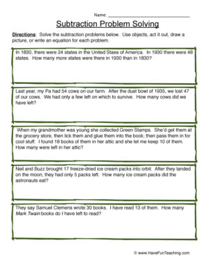 Solving Subtraction Word Problems Worksheet - Have Fun Teaching