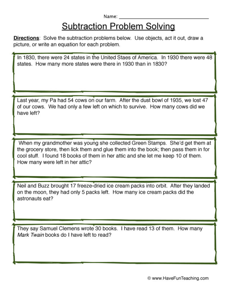 Solving Subtraction Word Problems Worksheet