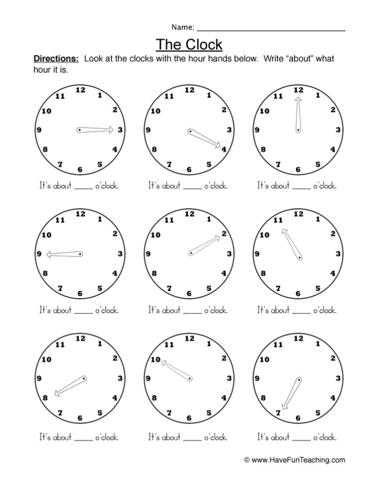 Nearest Hour Clock Worksheet
