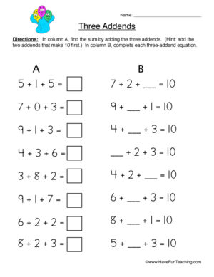 Three Addends Problems Worksheet