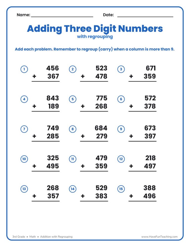 Triple Digit Addition Regrouping Worksheet