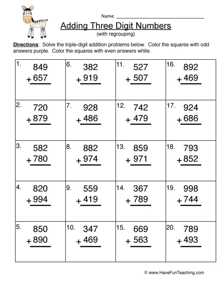 Triple Digit Adding Regroup Worksheet