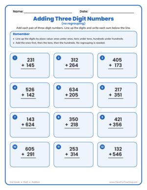 Triple digit addition no regrouping worksheet with twelve column addition problems for 2nd grade