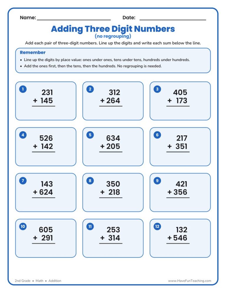 Triple Digit Addition No Regrouping Worksheet
