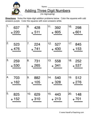 Triple Digit Numbers Addition No Regroup Worksheet
