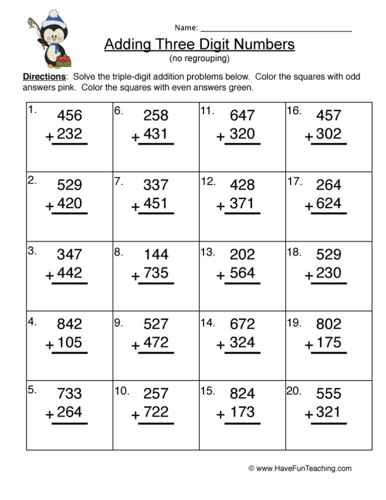 Triple Digit Numbers Adding No Regroup Worksheet