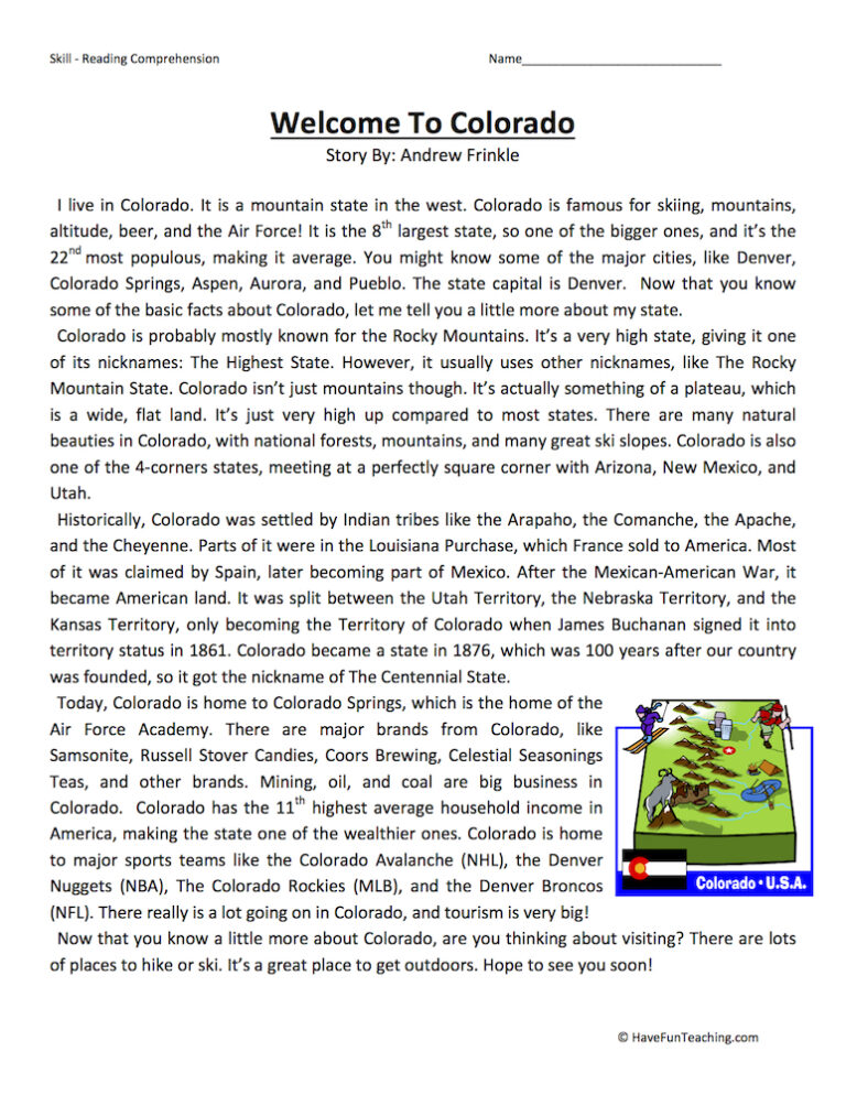 Welcome to Colorado Reading Comprehension Worksheet