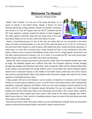 Welcome to Hawaii Reading Comprehension Worksheet
