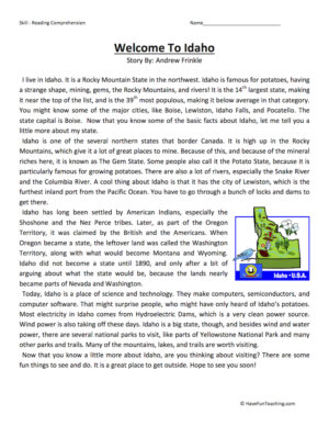 Welcome to Idaho Reading Comprehension Worksheet
