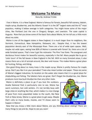 Welcome to Maine Reading Comprehension Worksheet