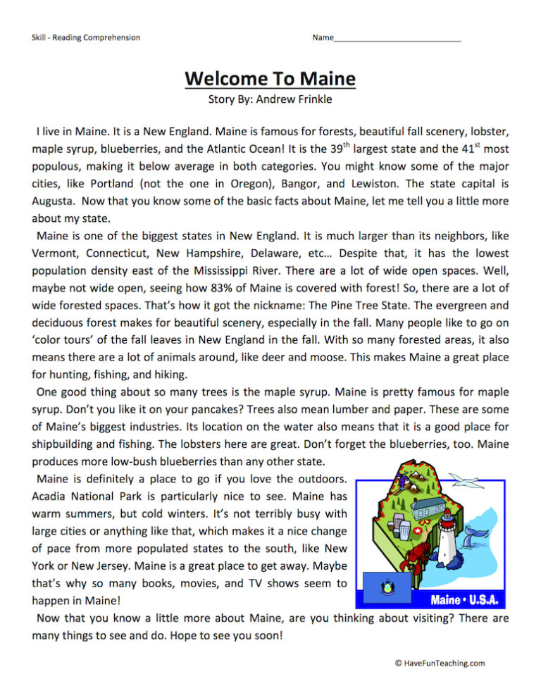 Welcome to Maine Reading Comprehension Worksheet