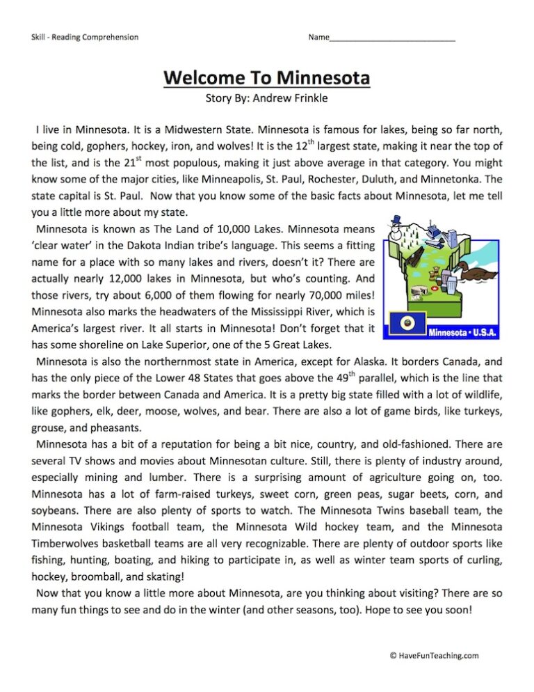 Welcome to Minnesota Reading Comprehension Worksheet - Have Fun Teaching