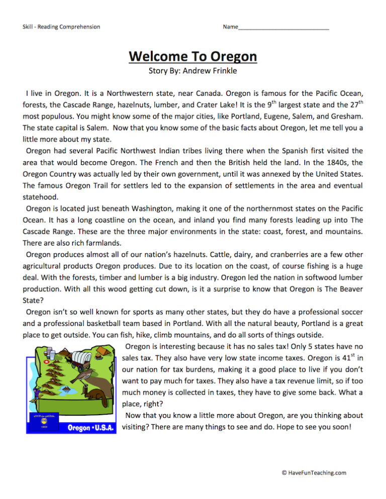 Welcome to Oregon Reading Comprehension Worksheet