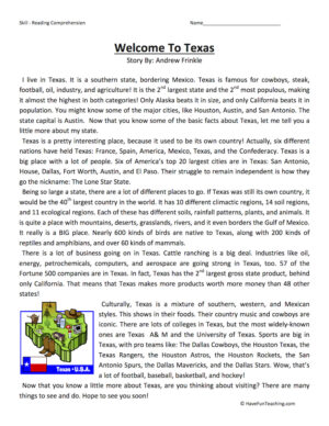 Welcome to Texas Reading Comprehension Worksheet