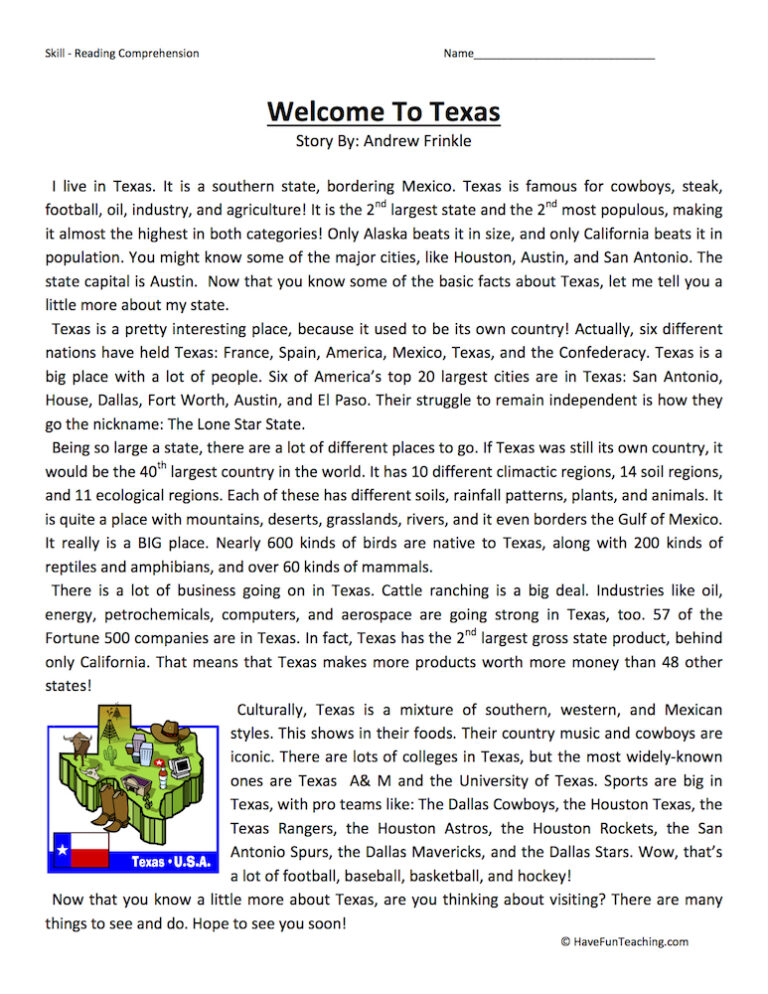 Welcome to Texas Reading Comprehension Worksheet