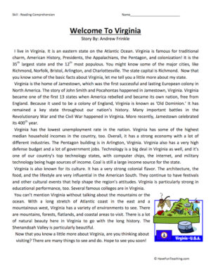 Welcome to Virginia Reading Comprehension Worksheet