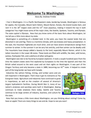 Welcome to Washington Reading Comprehension Worksheet