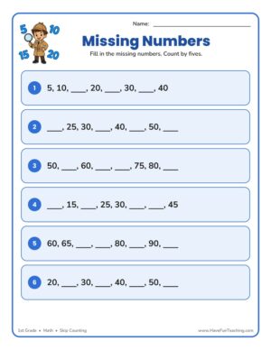 Count fives fill in the blank worksheet with skip counting by 5s number sequences and a detective