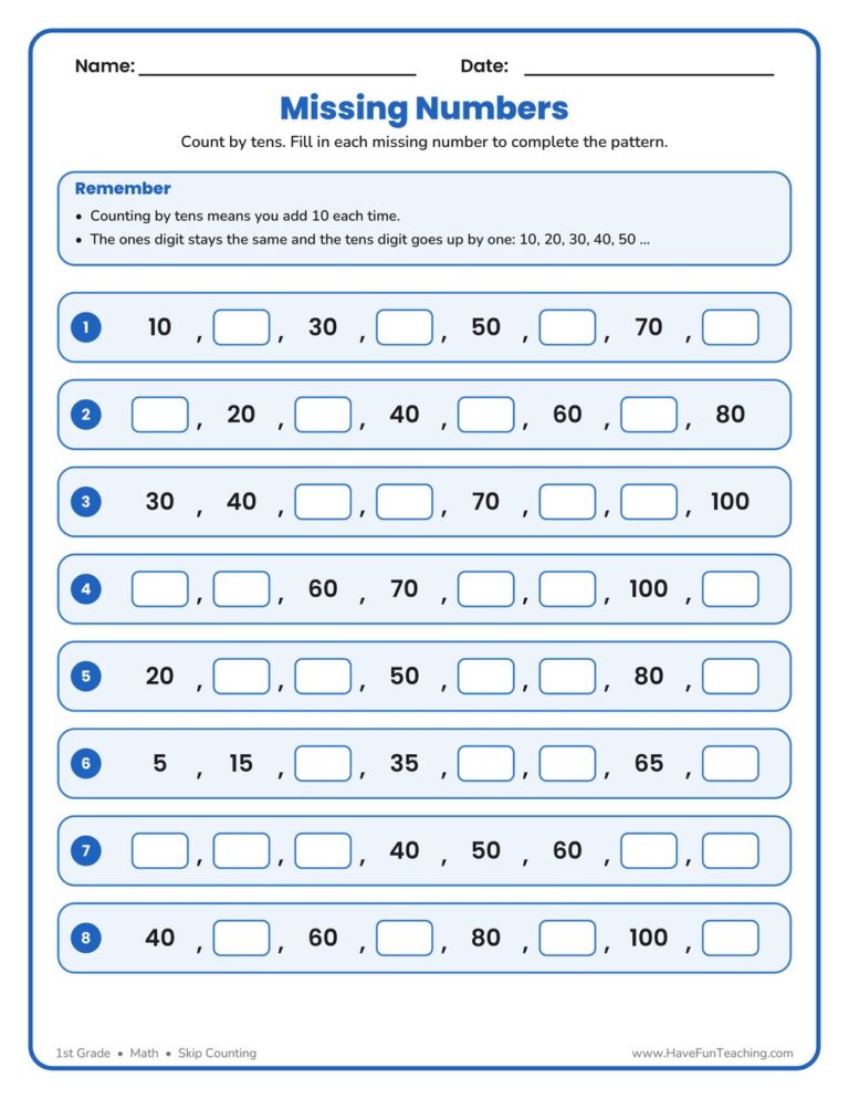 Count Tens Fill in the Blank Worksheet